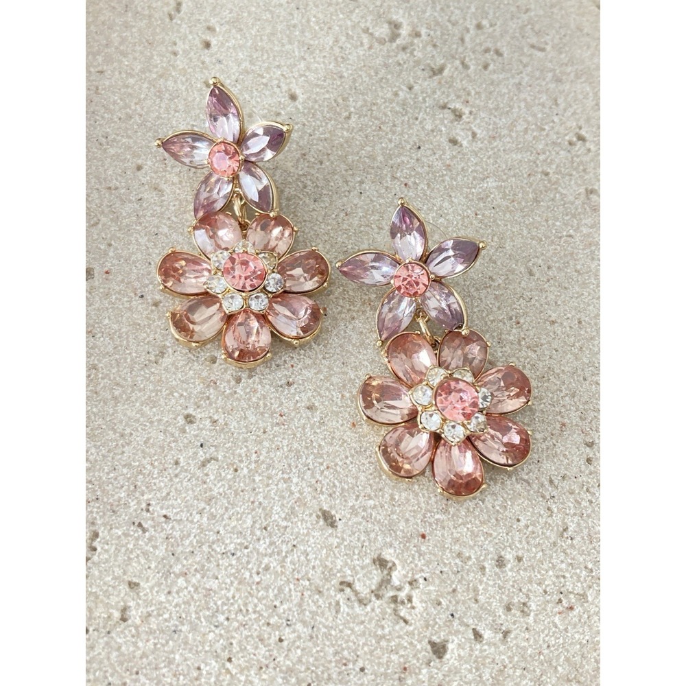 Gold Tone Pink Rhinestone Flower Dangle Earrings Floral Statement Romantic Bling